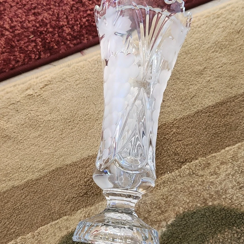 Vintage Cut Crystal Vase Etched with Grapes And Leaves Has Sawtooth Edge